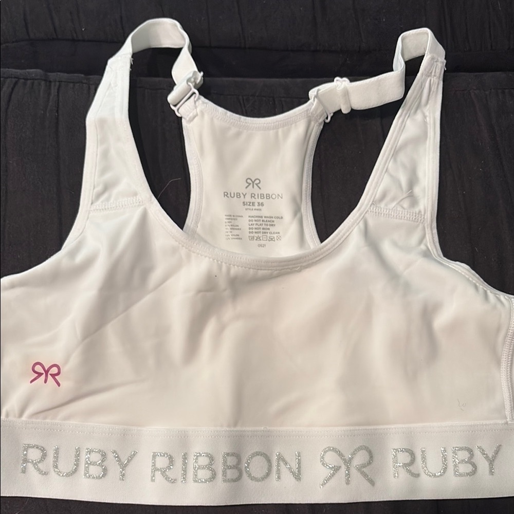 Ruby Ribbon White Sports Bra with Glitter Logo Band